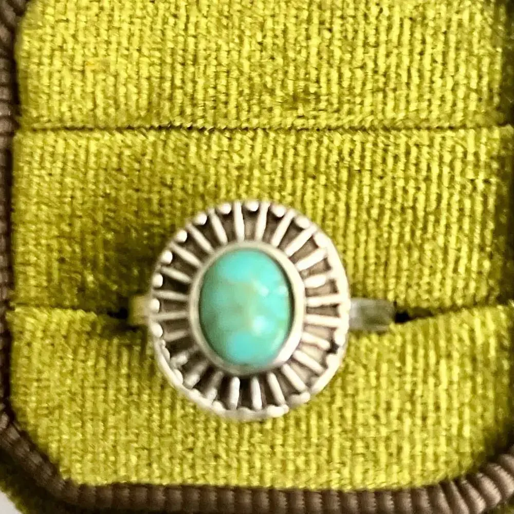 Vintage Turquoise Titanium Steel Silver Statement Ring – Size 6